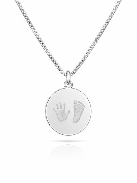 Personalisierte Gravurhalskette Handabdruck Fußabdruck Anhänger round 925 Silber Rhodiniert 16 mm