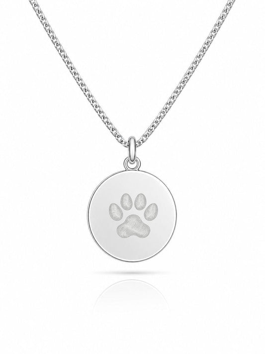Personalized Engraved Necklace Paw Print Nose Print Pendant Round 925 Silver Rhodium Plated 16 mm