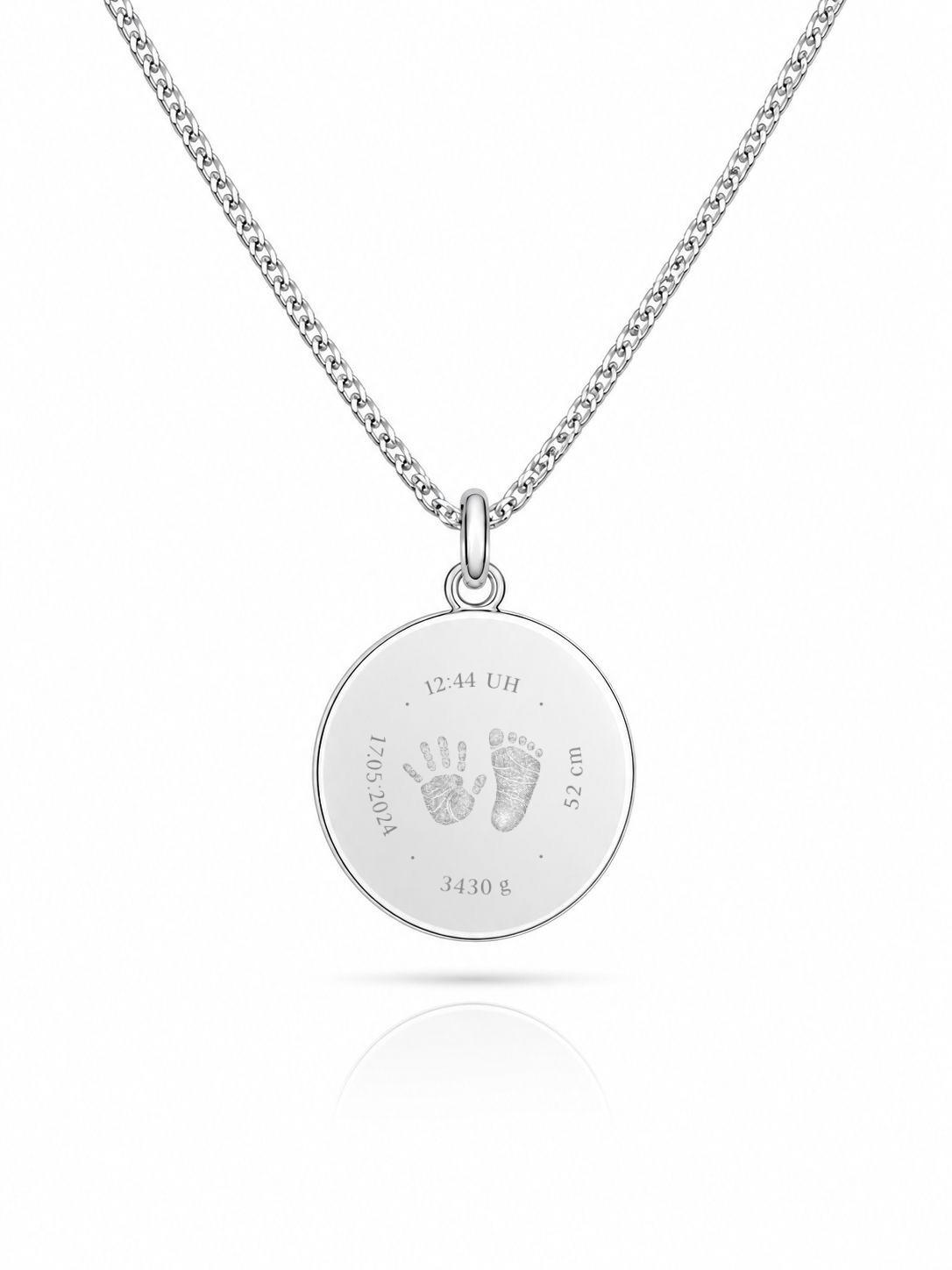 Personalized Engraved Necklace Birth Data Pendant Round 925 Silver Rhodium Plated 16 mm