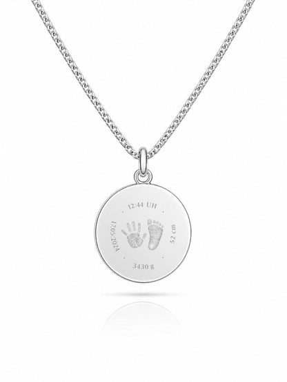 Personalized Engraved Necklace Birth Data Pendant Round 925 Silver Rhodium Plated 16 mm