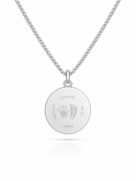 Personalisierte Gravurhalskette Geburtsdaten Anhänger round 925 Silber Rhodiniert 16 mm