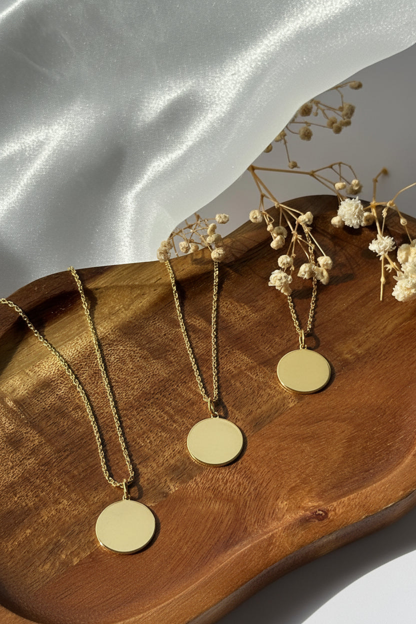 Personalized Engraved Necklace Initials Name Date Pendant Round 925 Silver 18K Vermeil Gold Plated 16 mm