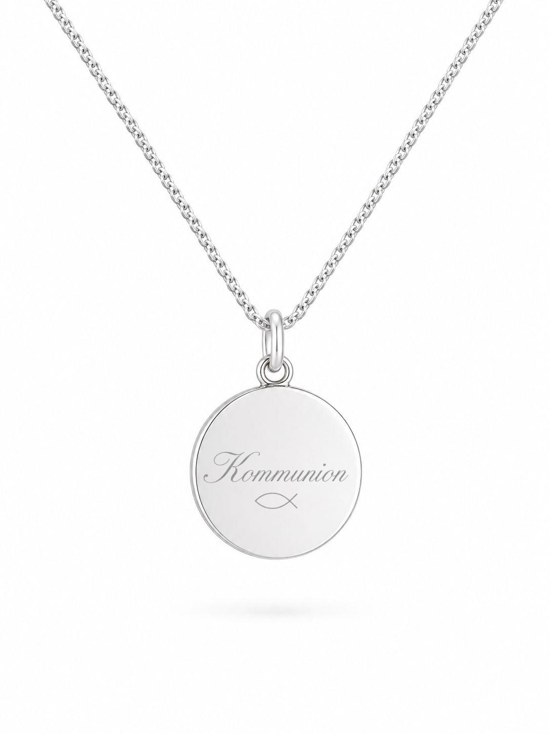 Personalized Engraved Necklace Communion Pendant Round 925 Sterling Silver Rhodium Plated 14 mm