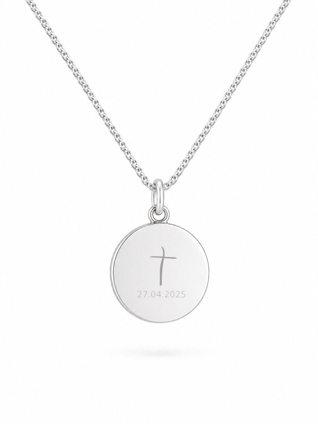 Personalized Engraved Necklace Christening Pendant Round 925 Silver Rhodium Plated 14 mm
