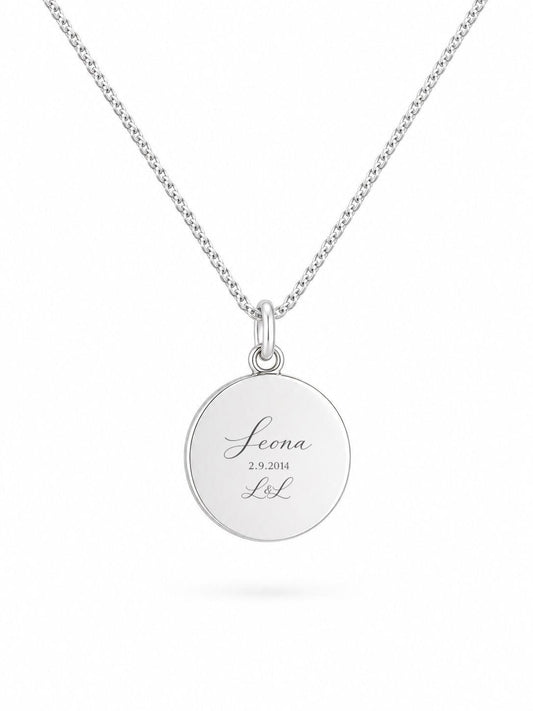 Personalisierte Gravurhalskette Initialen Namen Datum Anhänger round 925 Silber Rhodiniert 14 mm