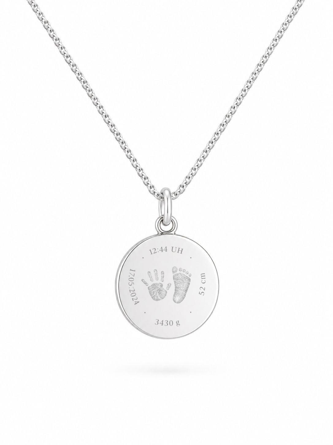 Personalized Engraved Necklace Birth Data Pendant Round 925 Silver Rhodium Plated 14 mm