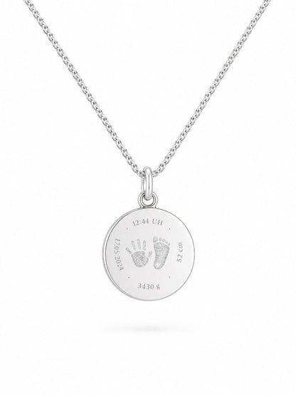 Personalized Engraved Necklace Birth Data Pendant Round 925 Silver Rhodium Plated 14 mm