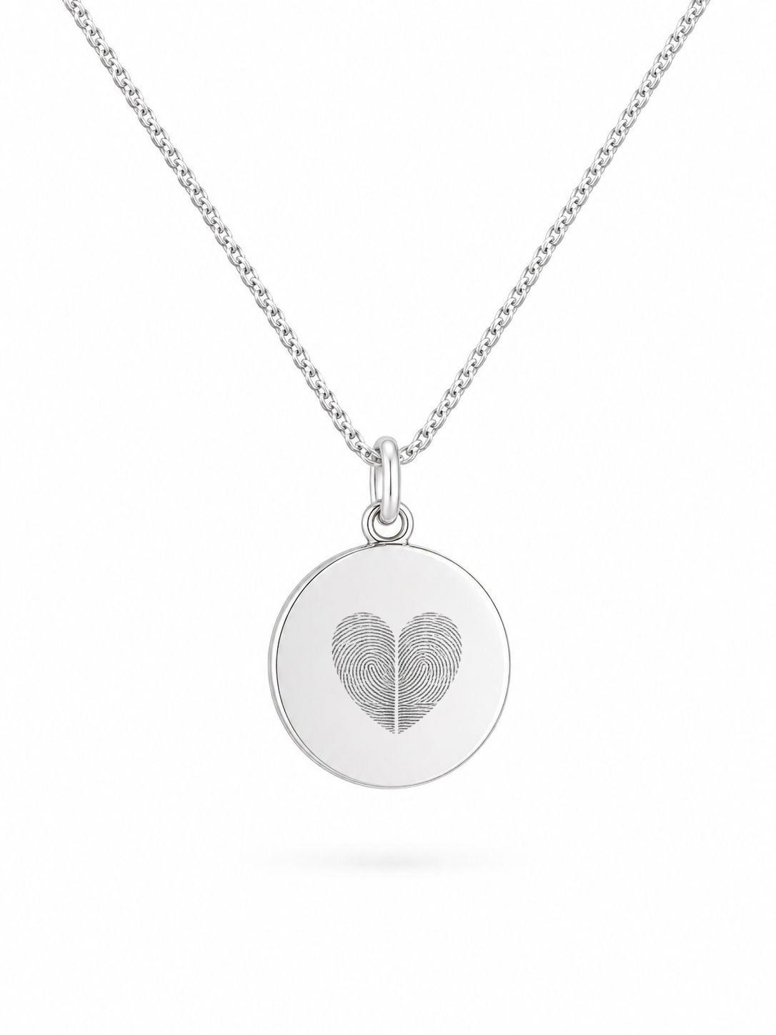 Personalized Engraved Fingerprint Necklace Pendant Round 925 Sterling Silver Rhodium Plated 14 mm