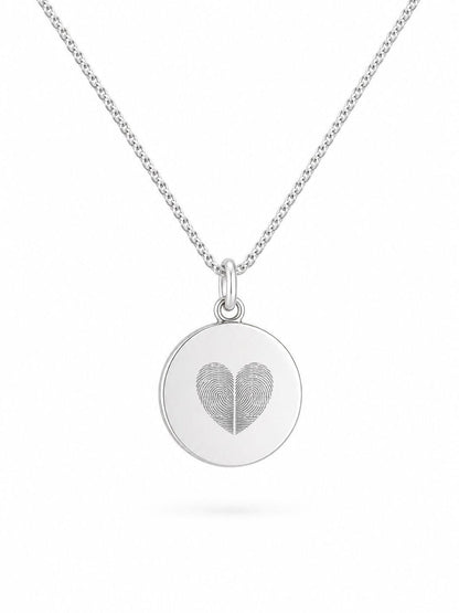 Personalized Engraved Fingerprint Necklace Pendant Round 925 Sterling Silver Rhodium Plated 14 mm