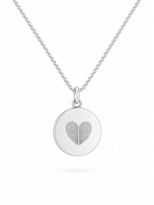Personalized Engraved Fingerprint Necklace Pendant Round 925 Sterling Silver Rhodium Plated 14 mm