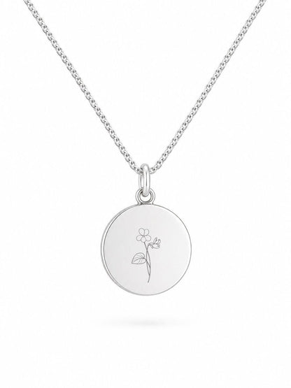 Personalized Engraved Necklace Birth Flower Pendant Round 925 Sterling Silver Rhodium Plated 14 mm