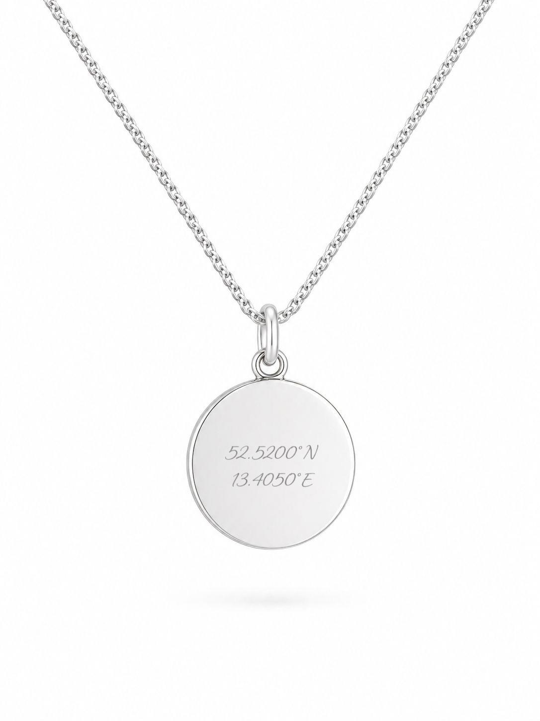 Personalized Engraved Necklace Coordinates Pendant Round 925 Silver Rhodium Plated 14 mm