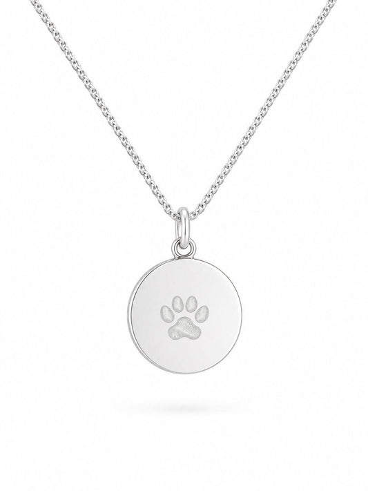 Personalized Engraved Necklace Paw Print Nose Print Pendant Round 925 Silver Rhodium Plated 14 mm