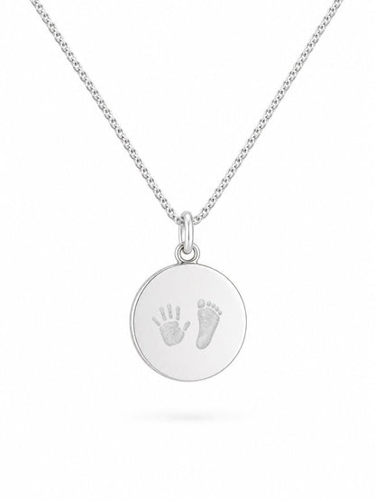 Personalized Engraved Necklace Handprint Footprint Pendant Round 925 Silver Rhodium Plated 14 mm