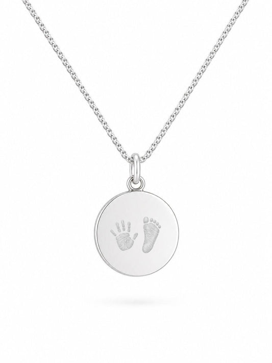 Personalisierte Gravurhalskette Handabdruck Fußabdruck Anhänger round 925 Silber Rhodiniert 14 mm