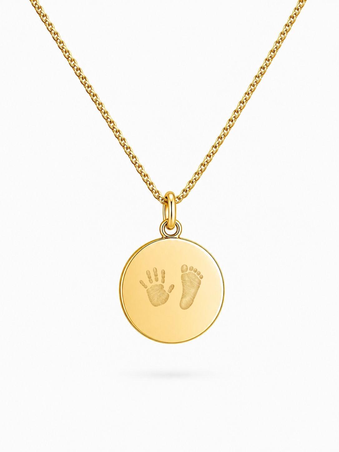 Personalized Engraved Necklace Handprint Footprint Pendant Round 925 Sterling Silver 18K Vermeil Gold Plated 14 mm