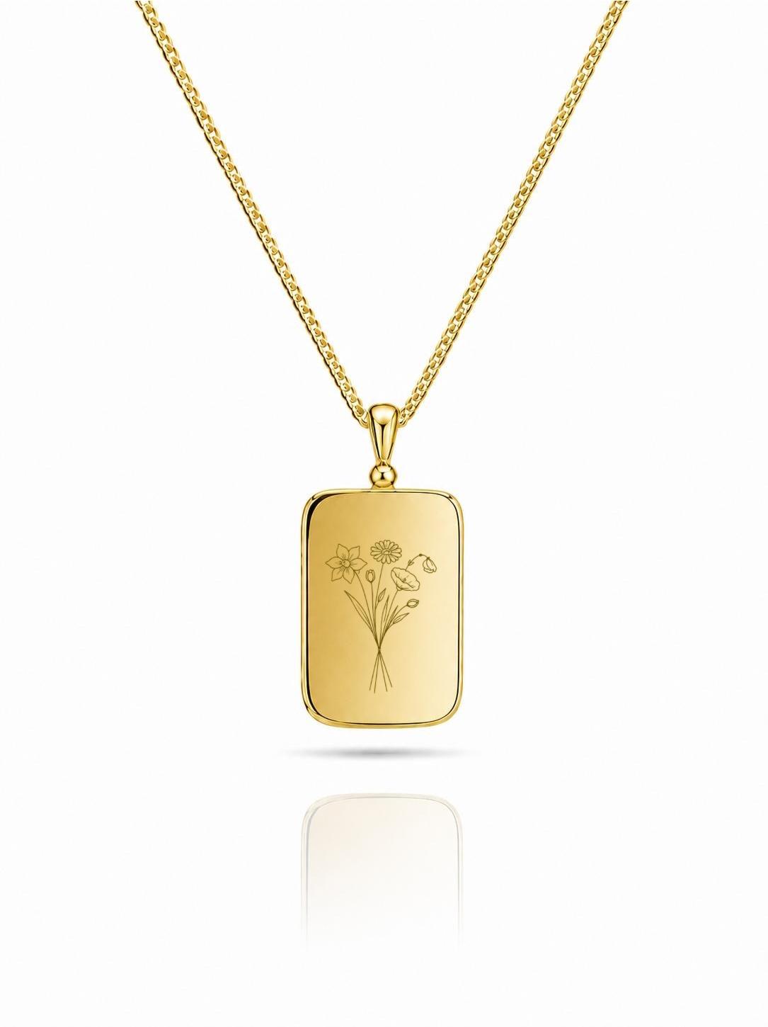 Engraved Necklace Rectangle Pendant 15.90x10.80 mm Birth Flower 18K Vermeil Gold Plated