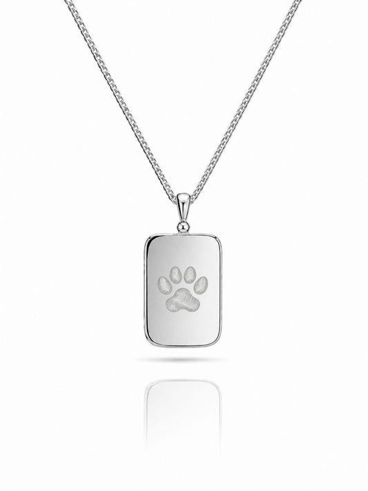 Engraved Necklace Rectangle Pendant 15.90x10.80 mm Paw Print Rhodium Plated