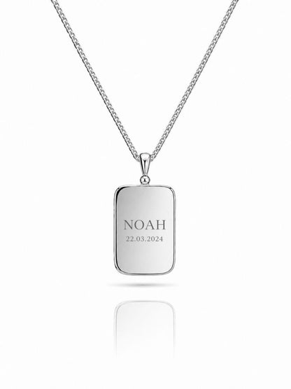 Engraved necklace rectangular pendant 15.90x10.80 mm name date rhodium-plated
