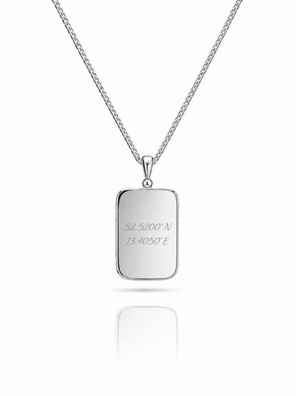 Engraved Necklace Rectangle Pendant 15.90x10.80 mm Coordinates Rhodium Plated