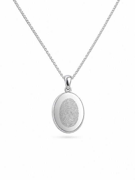 Engraved Necklace Fingerprint Pendant Oval Silver Rhodium Plated 12x15 mm