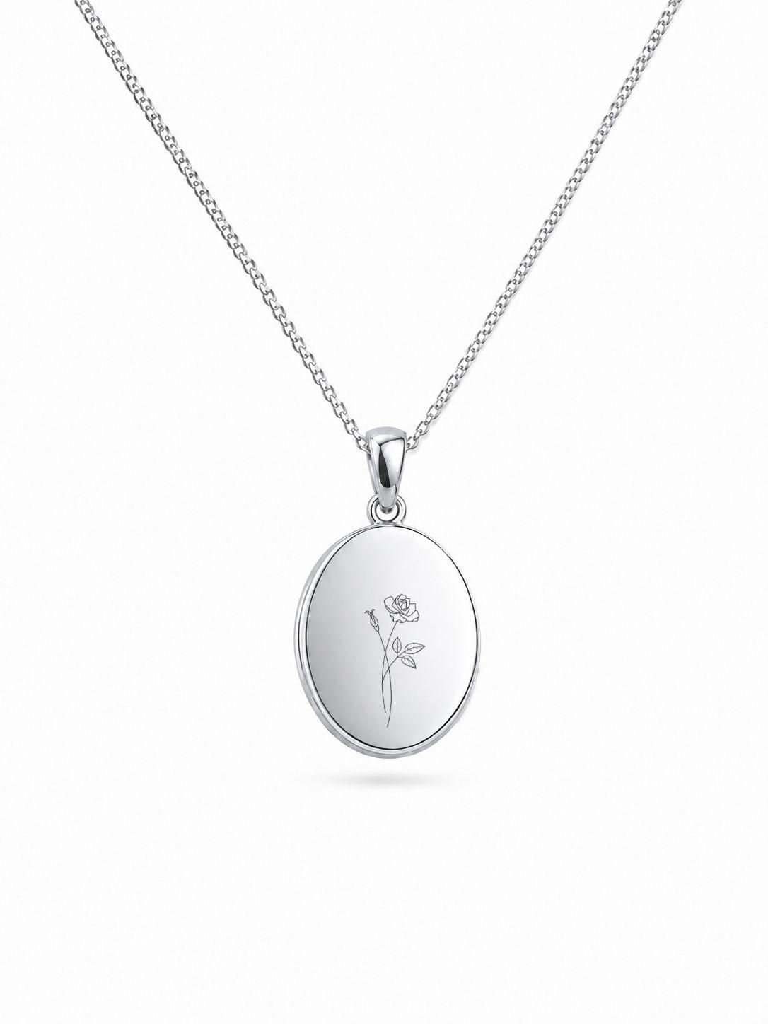 Personalized Engraved Birth Flower Necklace Oval Pendant 12x15 mm 925 Sterling Silver Rhodium Plated