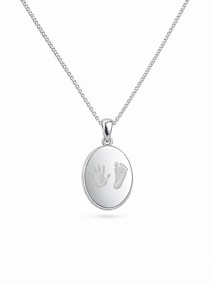 Personalized Engraved Handprint Footprint Oval Pendant Necklace 12x15 mm 925 Sterling Silver Rhodium Plated