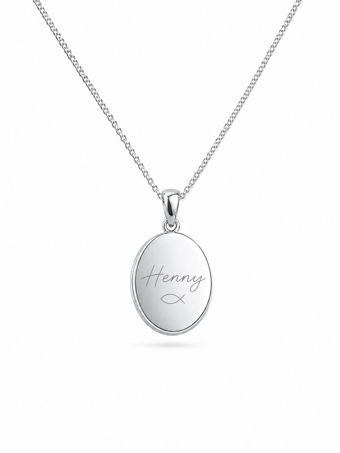 Personalized Engraved Baptism Necklace Oval Pendant 12x15 mm 925 Silver Rhodium Plated