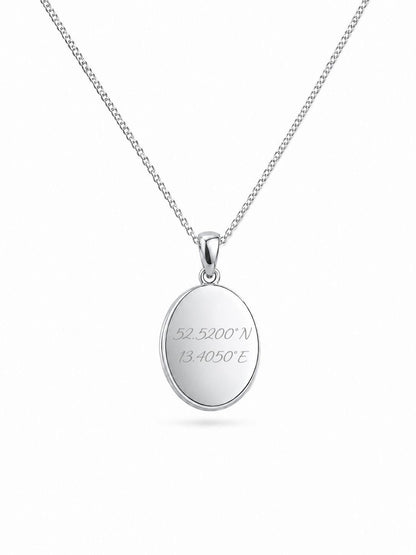 Personalized Engraved Coordinates Necklace Oval Pendant 12x15 mm 925 Sterling Silver Rhodium Plated