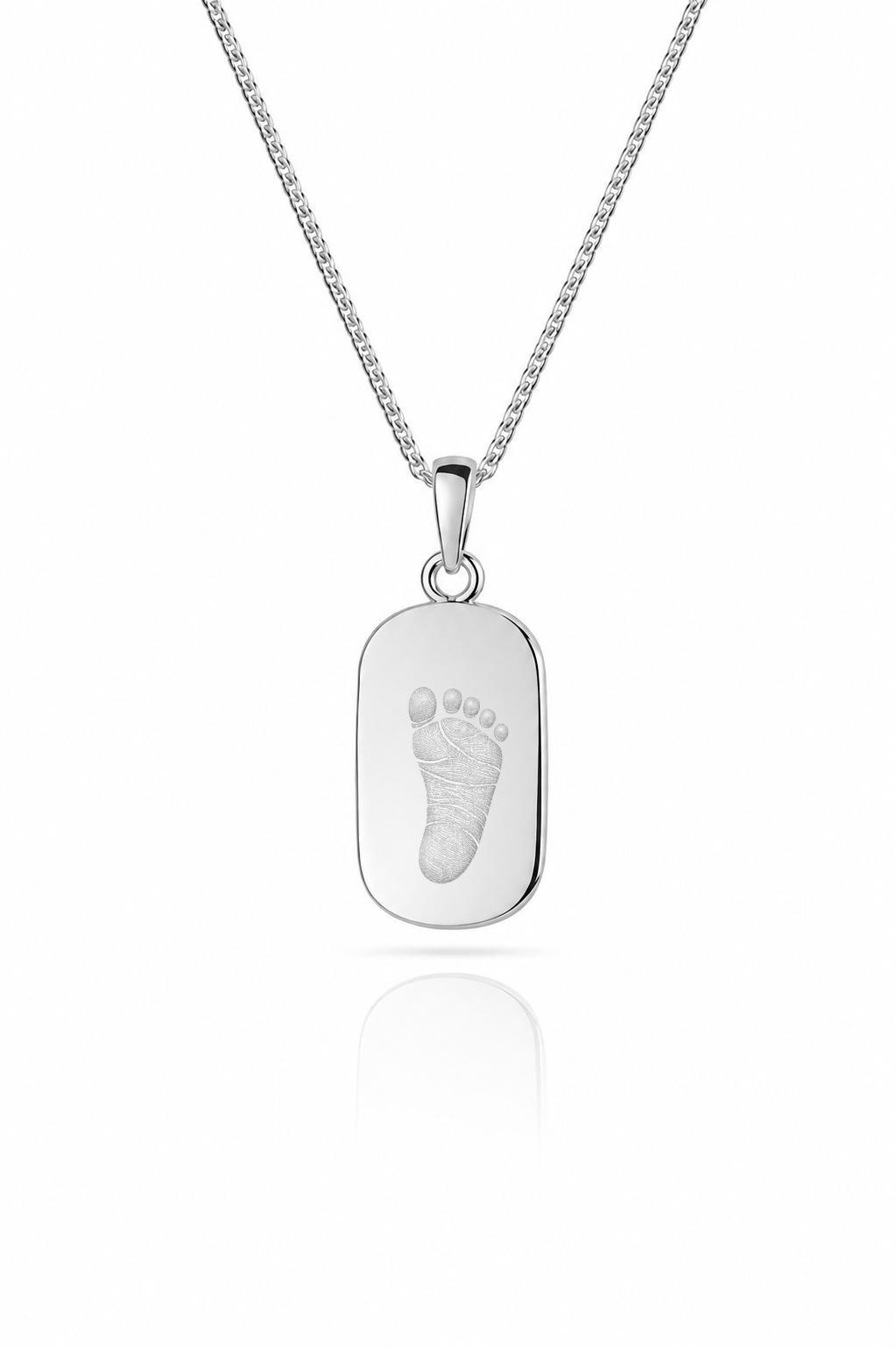 Engraved Necklace Rectangle Pendant 8x13 mm Hand Footprint 925 Sterling Silver Rhodium-Plated