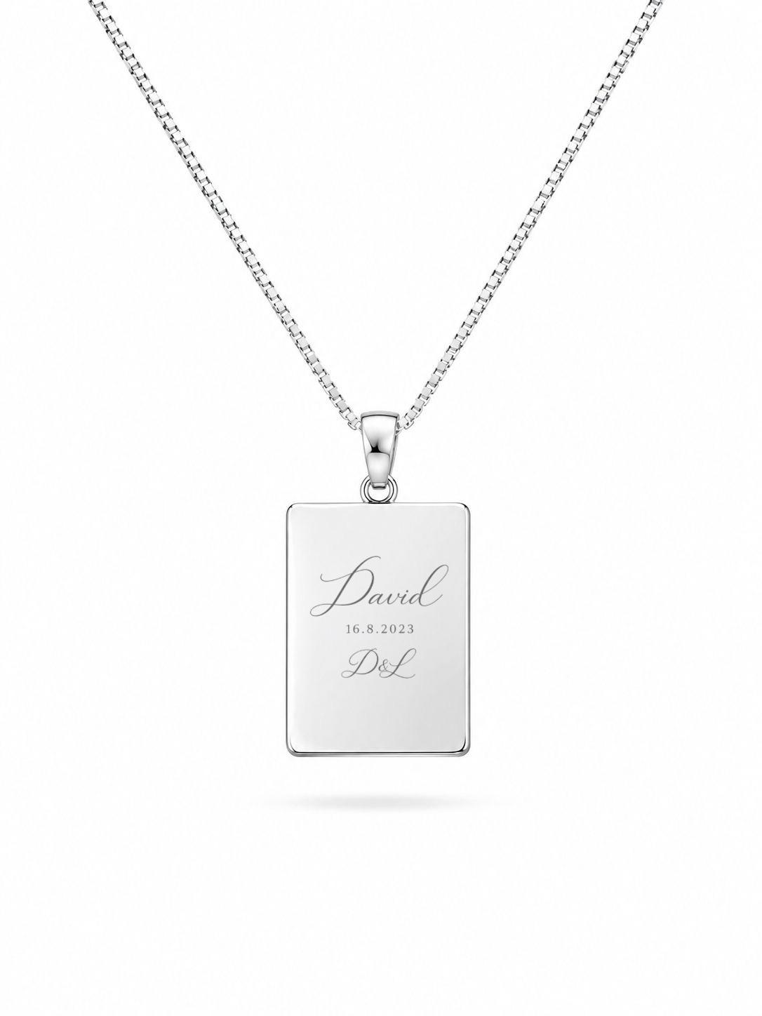 Engraved necklace with name, initials or date made of rhodium-plated 925 silver, rectangular pendant 19x14 mm.