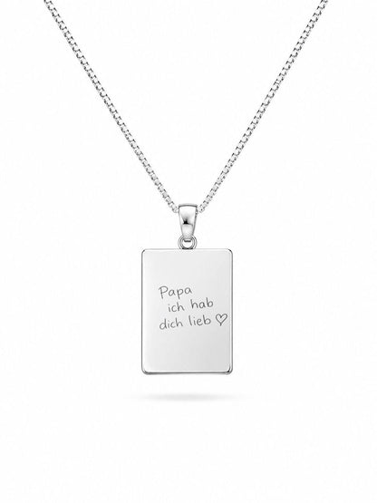 Handwriting Engraving Necklace Men's Rectangle Pendant 19x14 mm Rhodium Plated