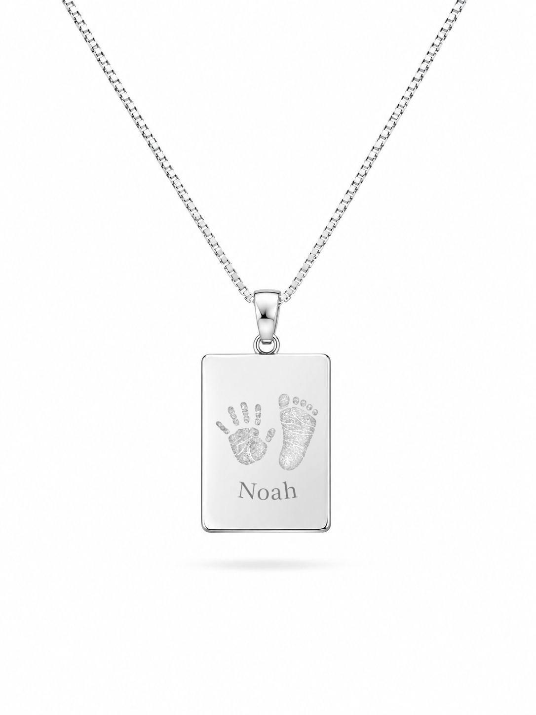 Hand Footprint Engraved Necklace Men's Rectangle Pendant 19x14 mm Rhodium-Plated