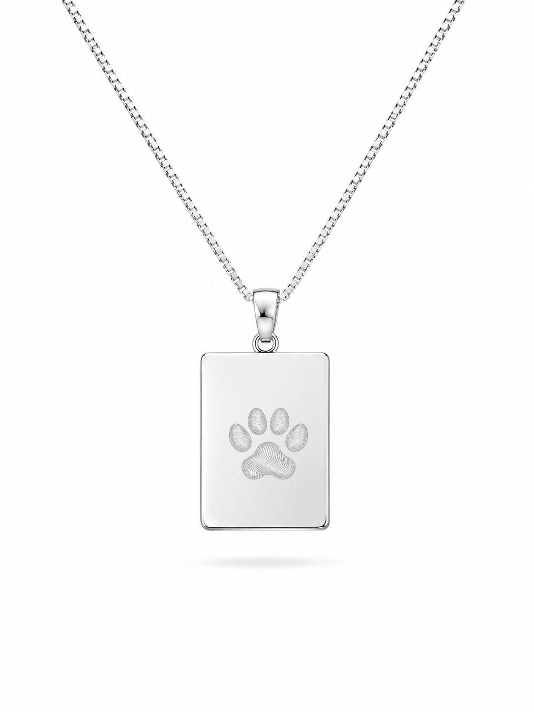 Paw Print Engraved Necklace Men's Rectangle Pendant 19x14 mm Rhodium Plated