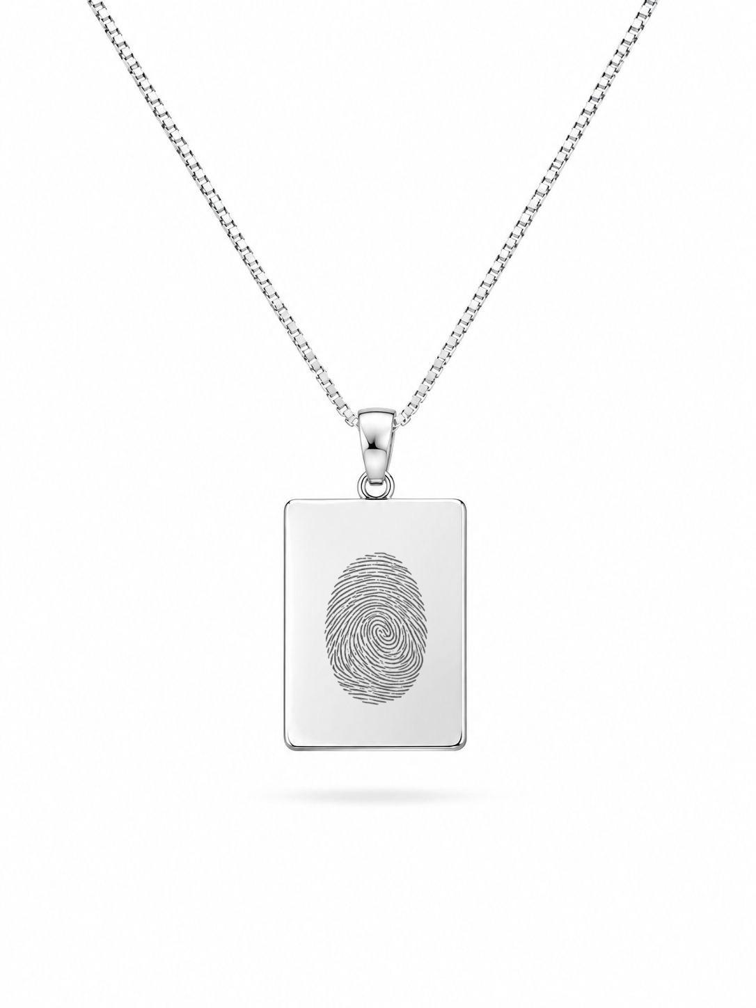 Fingerprint Engraved Necklace Men's Rectangle Pendant 19x14 mm Rhodium Plated