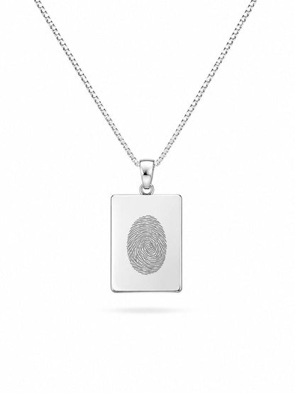Fingerprint Engraved Necklace Men's Rectangle Pendant 19x14 mm Rhodium Plated