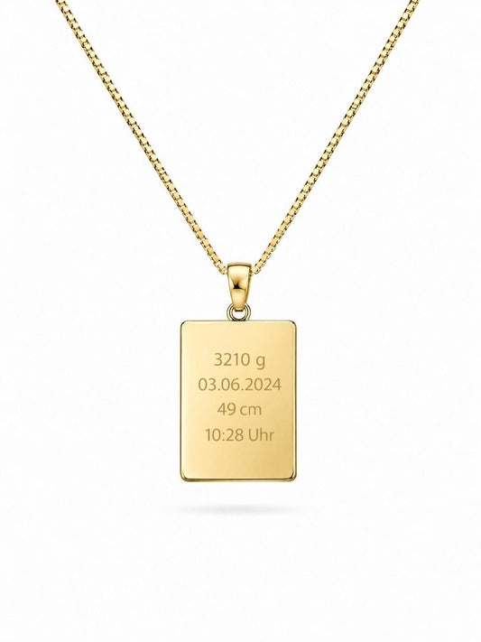Birth Date Engraved Necklace Men's Rectangle Pendant 19x14 mm 18K Vermeil Gold Plated