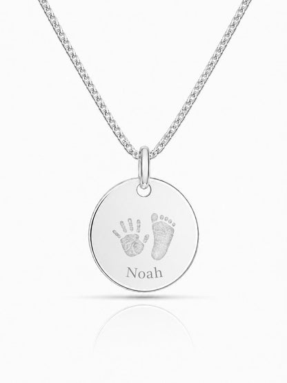 Personalised Necklace Pendant Engraving Round 19 mm Handprint Footprint 925 Silver Rhodium Plated