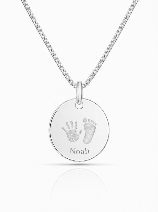 Personalisierte Halskette Anhänger Gravur Rund 19 mm Handabdruck Fussabdruck 925 Silber Rhodiniert