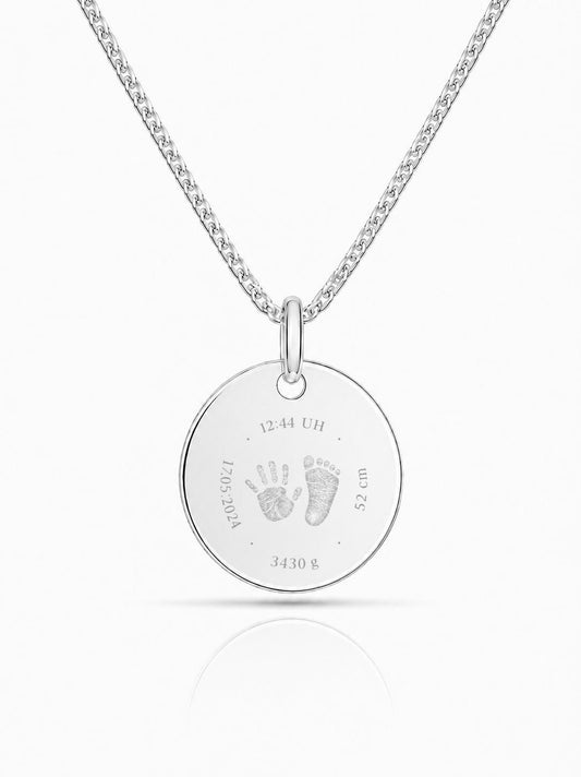 Personalisierte Halskette Anhänger Gravur Rund 19 mm Geburtsdaten 925 Silber Rhodiniert