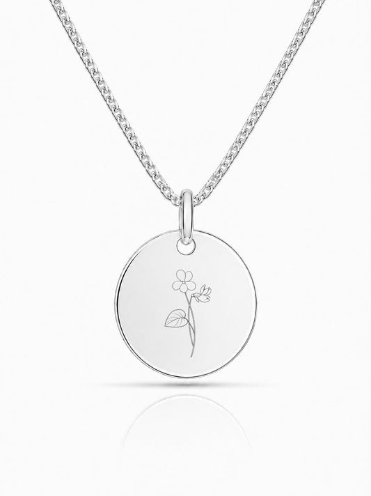 Personalisierte Halskette Anhänger Gravur Rund 19 mm Geburtsblume 925 Silber Rhodiniert