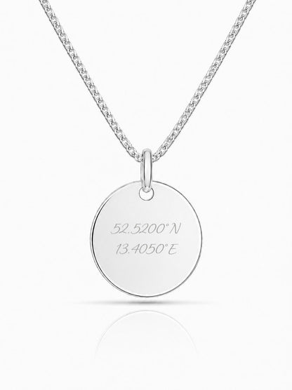 Personalized Necklace Pendant Engraving Round 19mm Coordinates 925 Silver Rhodium Plated