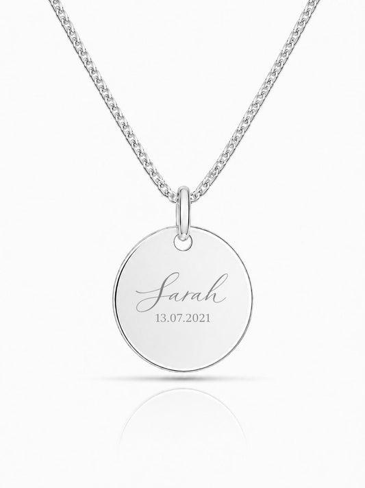 Personalized Necklace Pendant Engraving Round 19 mm Initials Names Date 925 Silver Rhodium Plated