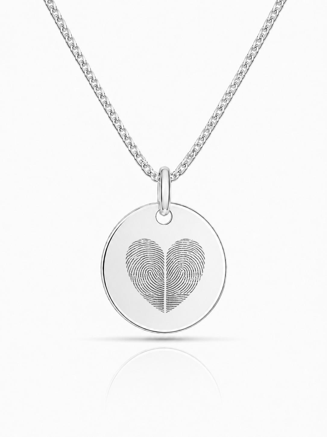 Personalized Necklace Pendant Engraving Round 19 mm Fingerprint 925 Silver Rhodium Plated