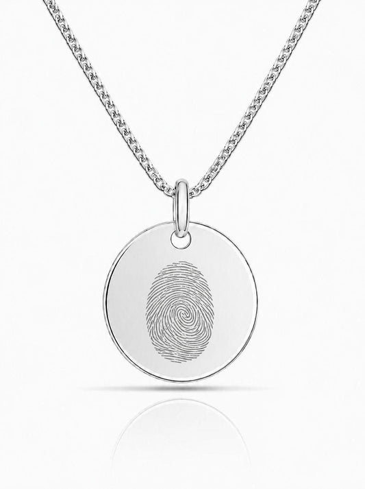 Personalized Men's Necklace Pendant Engraving Fingerprint Round 22mm 925 Sterling Silver Rhodium Plated