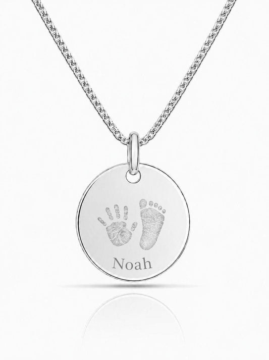 Personalisierte Herren Halskette Anhänger Gravur Handabdruck Fußabdruck Rund 22 mm 925 Silber Rhodiniert