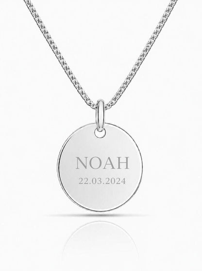 Personalized Men's Necklace Pendant Engraving Initials Name Date Round 22 mm 925 Silver Rhodium Plated