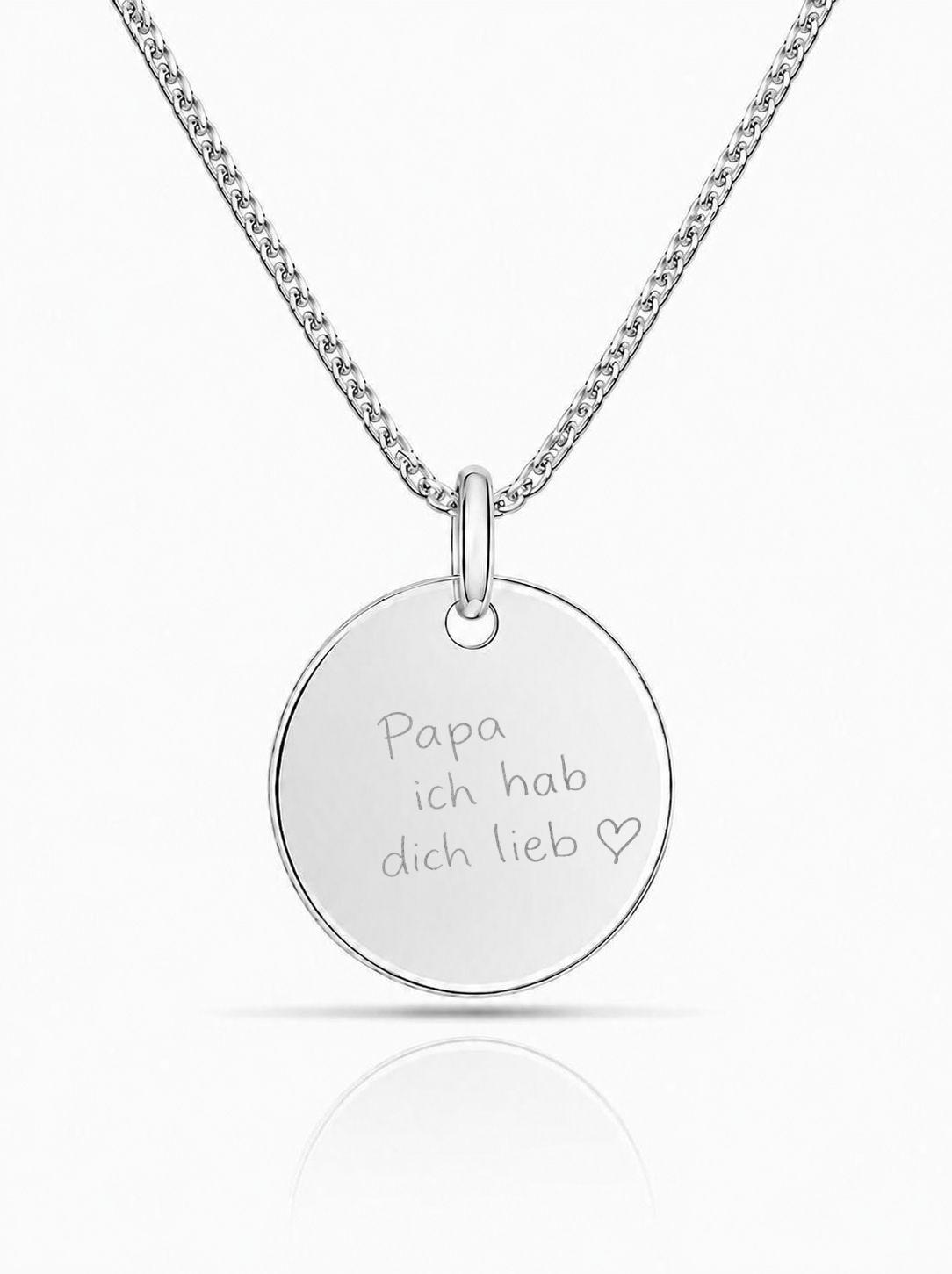 Personalized Men's Necklace Pendant Engraving Own Handwriting Round 22 mm 925 Sterling Silver Rhodium Plated