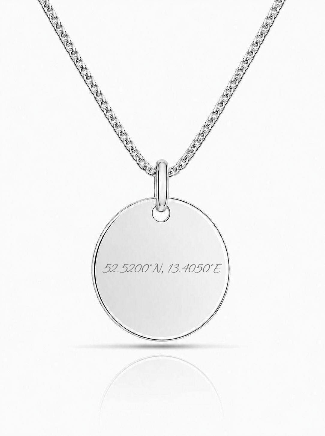 Personalized Men's Necklace Pendant Engraving Coordinates Round 22 mm 925 Silver Rhodium Plated