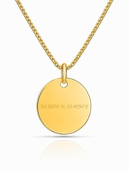 Personalized Men's Necklace Pendant Engraved Coordinates Round 22 mm 925 Silver 18K Gold Plated
